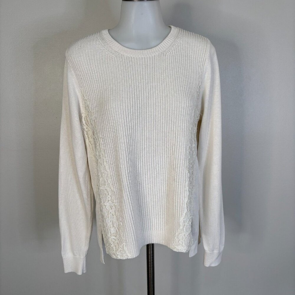 LOFT‎ Sweater Large Ivory Lace Applique Crew Neck Long Sleeve Pullover Women's